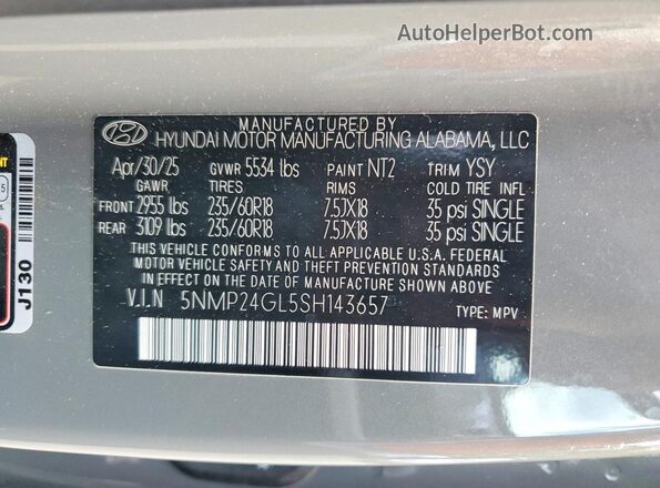 5NMP24GL5SH143657 2025 HYUNDAI SANTA Gray Widok wnętrza 360 stopni