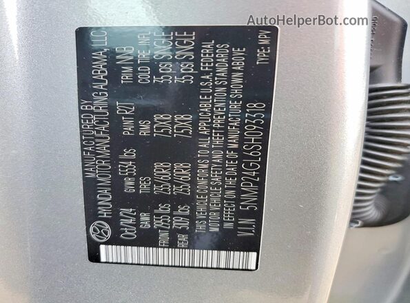 5NMP24GL6SH093318 2025 HYUNDAI SANTA Silver VIN კოდის სტიკერის ხედი