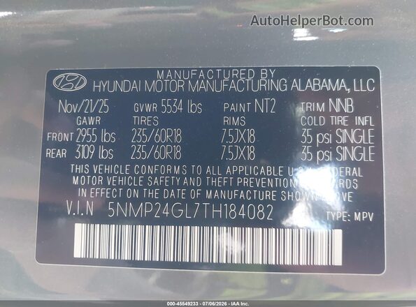 5NMP24GL7TH184082 2026 HYUNDAI SANTA FE Gray Engine compartment view