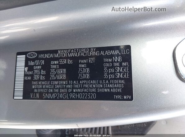 5NMP24GL9RH022320 2024 HYUNDAI SANTA FE Silver Widok komory silnika