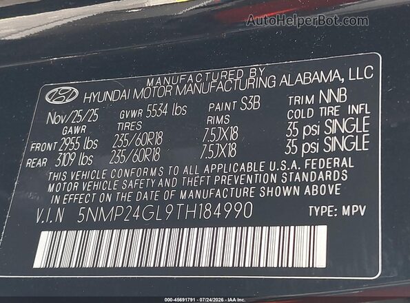 5NMP24GL9TH184990 2026 HYUNDAI SANTA FE Черный Вид подкапотного пространства