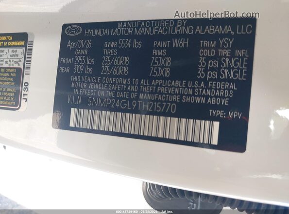 5NMP24GL9TH215770 2026 HYUNDAI SANTA FE White Widok komory silnika
