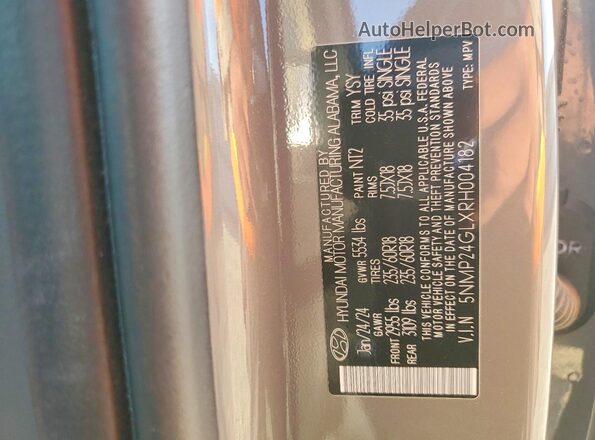 5NMP24GLXRH004182 2024 HYUNDAI SANTA Gray Вид наклейки з VIN-кодом