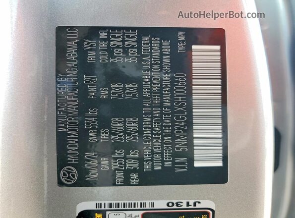 5NMP24GLXSH100660 2025 HYUNDAI SANTA Silver VIN კოდის სტიკერის ხედი