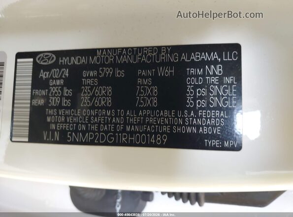 5NMP2DG11RH001489 2024 HYUNDAI SANTA FE HYBRID White ძრავის განყოფილების ხედი