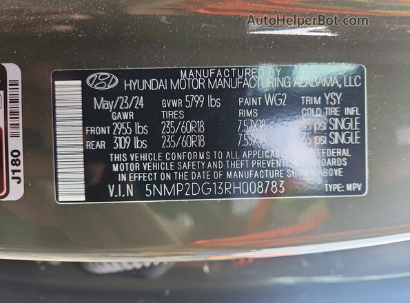 5NMP2DG13RH008783 2024 HYUNDAI SANTA Green VIN კოდის სტიკერის ხედი