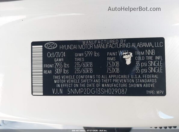 5NMP2DG13SH029087 2025 HYUNDAI SANTA FE HYBRID Белый Вид подкапотного пространства