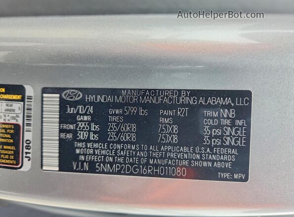 5NMP2DG16RH011080 2024 HYUNDAI SANTA Silver VIN კოდის სტიკერის ხედი