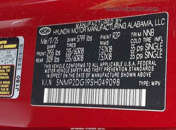 5NMP2DG19SH049098 2025 HYUNDAI SANTA FE HYBRID Red Շարժիչի բաժամունքի տեսք