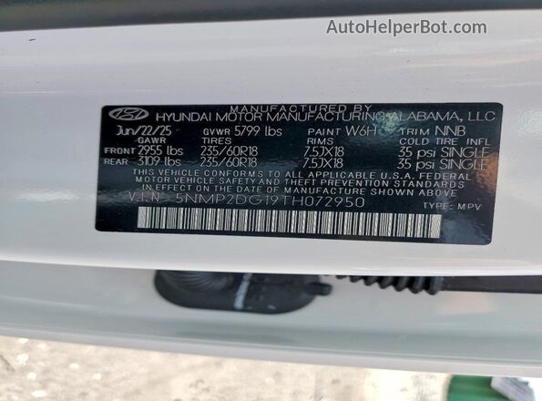 5NMP2DG19TH072950 2026 HYUNDAI SANTA White Widok naklejki z numerem VIN