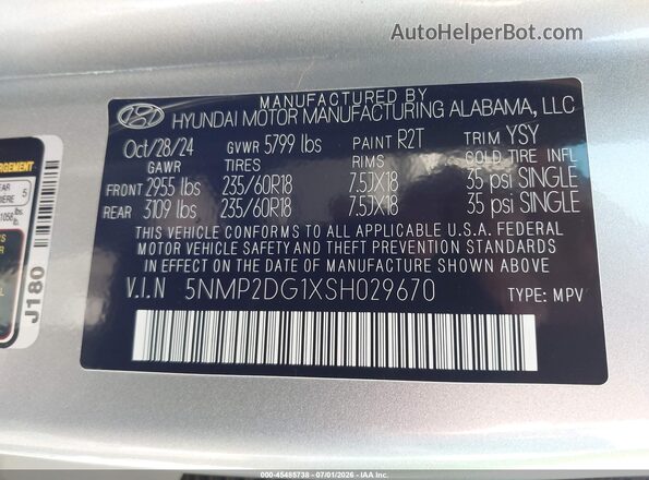 5NMP2DG1XSH029670 2025 HYUNDAI SANTA FE HYBRID Silver Շարժիչի բաժամունքի տեսք