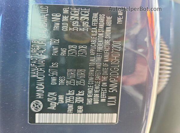5NMP2DGL1SH072201 2025 HYUNDAI SANTA Blue VIN კოდის სტიკერის ხედი