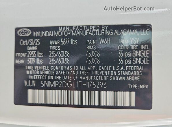 5NMP2DGL1TH178293 2026 HYUNDAI SANTA White VIN կոդի պիտակի տեսք