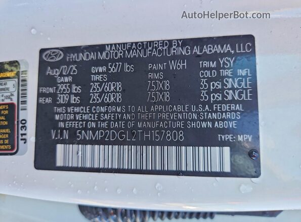 5NMP2DGL2TH157808 2026 HYUNDAI SANTA White VIN კოდის სტიკერის ხედი