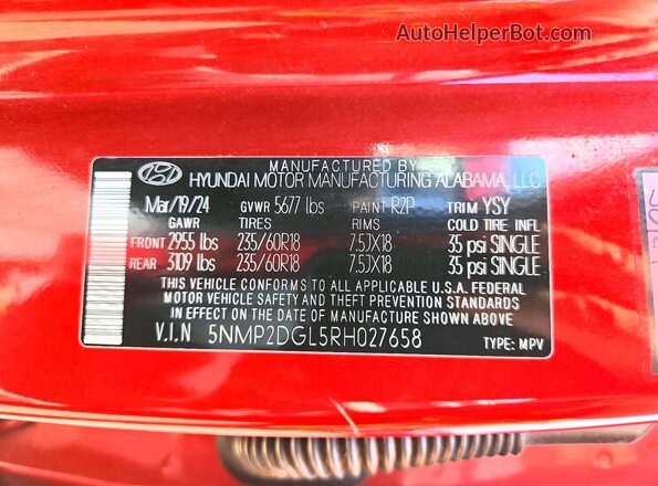 5NMP2DGL5RH027658 2024 HYUNDAI SANTA Red VIN კოდის სტიკერის ხედი
