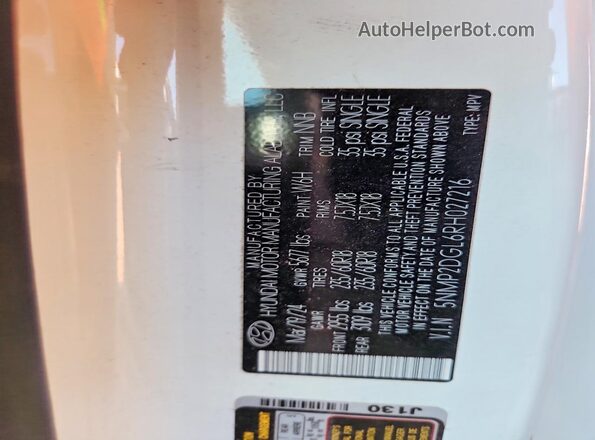 5NMP2DGL6RH027216 2024 HYUNDAI SANTA White VIN կոդի պիտակի տեսք