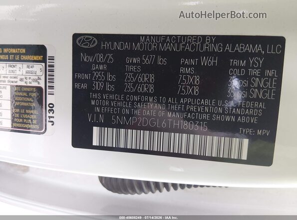 5NMP2DGL6TH180315 2026 HYUNDAI SANTA FE White Vista del compartimento del motor