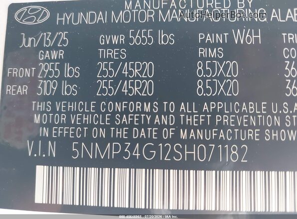 5NMP34G12SH071182 2025 HYUNDAI SANTA FE HYBRID White Vista del compartimento del motor