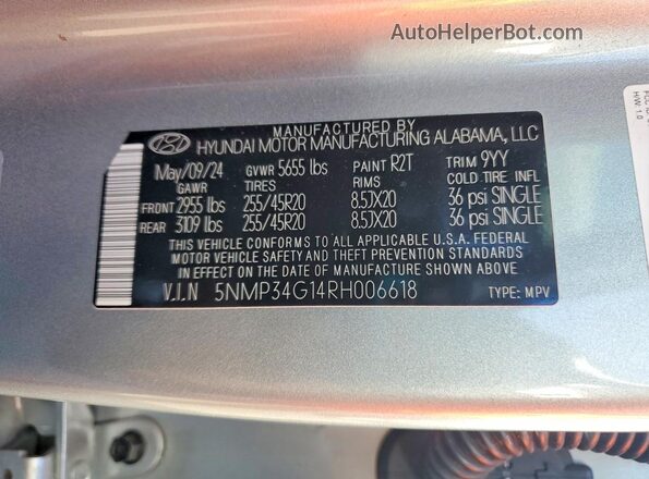 5NMP34G14RH006618 2024 HYUNDAI SANTA Silver Widok naklejki z numerem VIN
