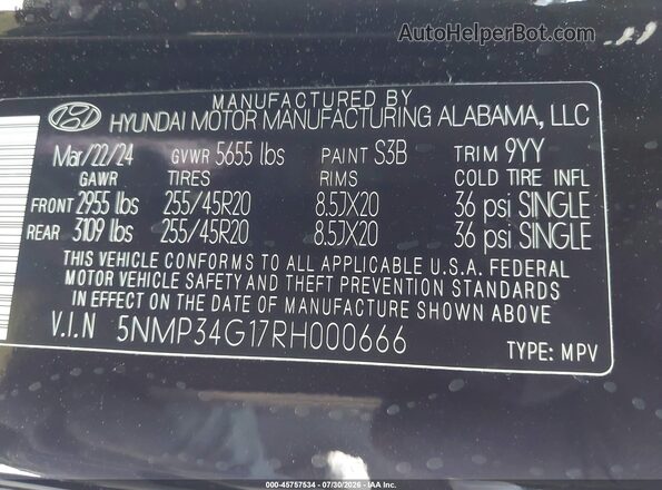 5NMP34G17RH000666 2024 HYUNDAI SANTA FE HYBRID Black Շարժիչի բաժամունքի տեսք