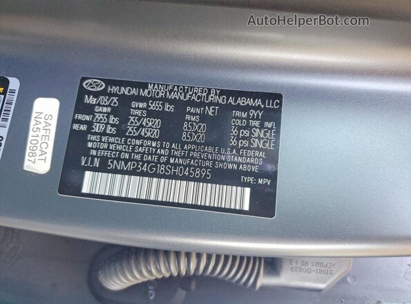 5NMP34G18SH045895 2025 HYUNDAI SANTA Charcoal VIN կոդի պիտակի տեսք