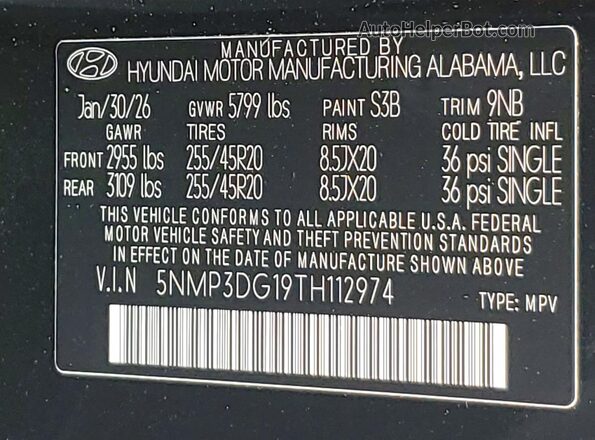 5NMP3DG19TH112974 2026 HYUNDAI SANTA Black VIN կոդի պիտակի տեսք