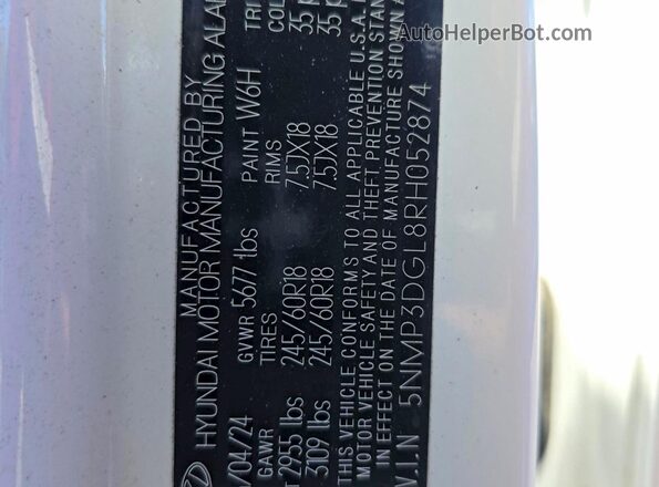 5NMP3DGL8RH052874 2024 HYUNDAI SANTA White Rear seats view