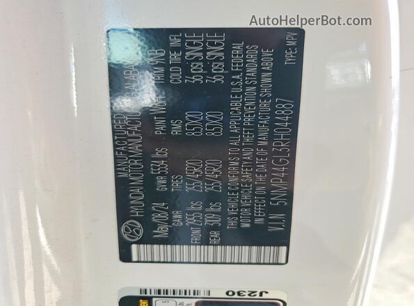 5NMP44GL3RH044887 2024 HYUNDAI SANTA White VIN sticker view