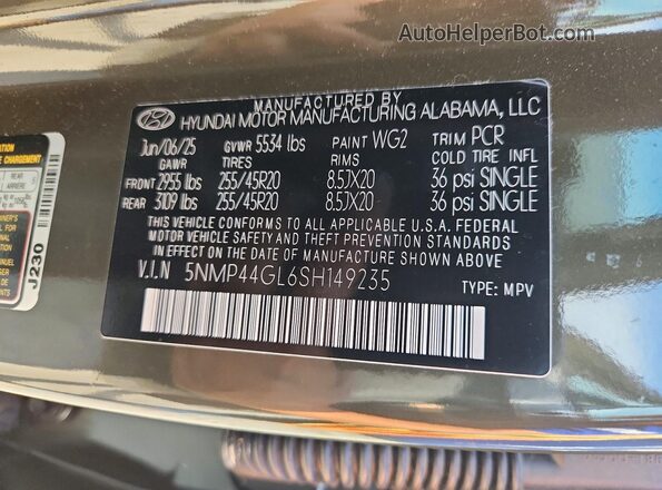 5NMP44GL6SH149235 2025 HYUNDAI SANTA Green VIN კოდის სტიკერის ხედი