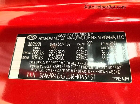 5NMP4DGL5RH065451 2024 HYUNDAI SANTA Red VIN կոդի պիտակի տեսք