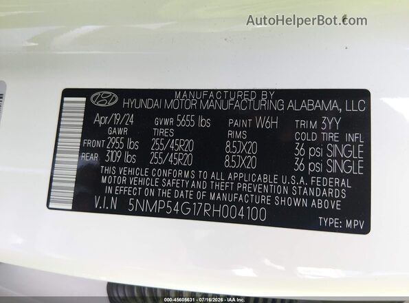 5NMP54G17RH004100 2024 HYUNDAI SANTA FE HYBRID White Widok komory silnika