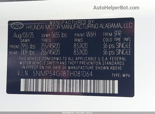5NMP54G18TH081064 2026 HYUNDAI SANTA FE HYBRID White Engine compartment view