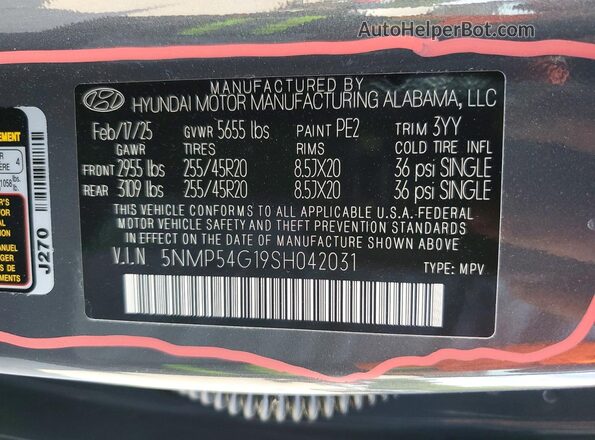 5NMP54G19SH042031 2025 HYUNDAI SANTA Gray Вид наклейки з VIN-кодом