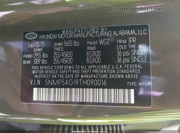 5NMP54G19TH090016 2026 HYUNDAI SANTA FE HYBRID Green ძრავის განყოფილების ხედი
