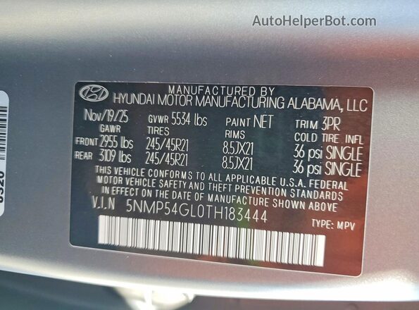 5NMP54GL0TH183444 2026 HYUNDAI SANTA Charcoal Widok naklejki z numerem VIN