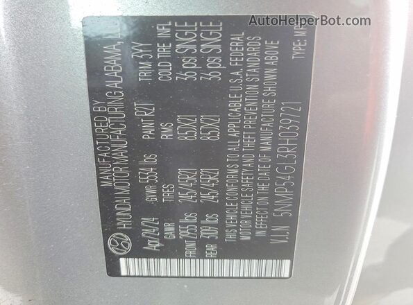 5NMP54GL3RH039721 2024 HYUNDAI SANTA Silver VIN sticker view