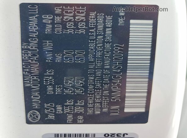 5NMP54GL4SH120992 2025 HYUNDAI SANTA White Սալոնի 360 աստիճան տեսք