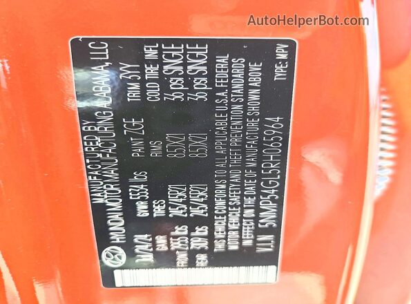 5NMP54GL5RH065964 2024 HYUNDAI SANTA Orange Вид наклейки з VIN-кодом