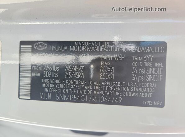 5NMP54GL7RH064749 2024 HYUNDAI SANTA White VIN կոդի պիտակի տեսք