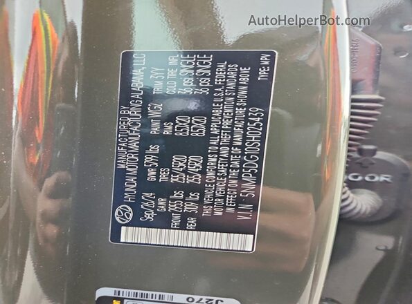 5NMP5DG10SH025439 2025 HYUNDAI SANTA Green VIN կոդի պիտակի տեսք