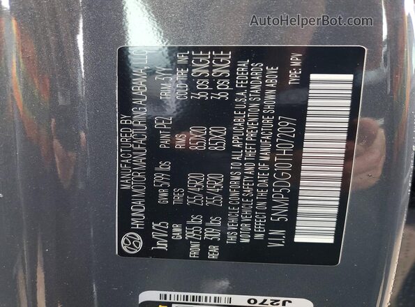 5NMP5DG10TH072097 2026 HYUNDAI SANTA Gray Vista del compartimento del motor