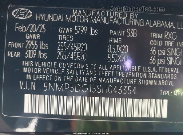 5NMP5DG15SH043354 2025 HYUNDAI SANTA FE HYBRID Black Engine compartment view