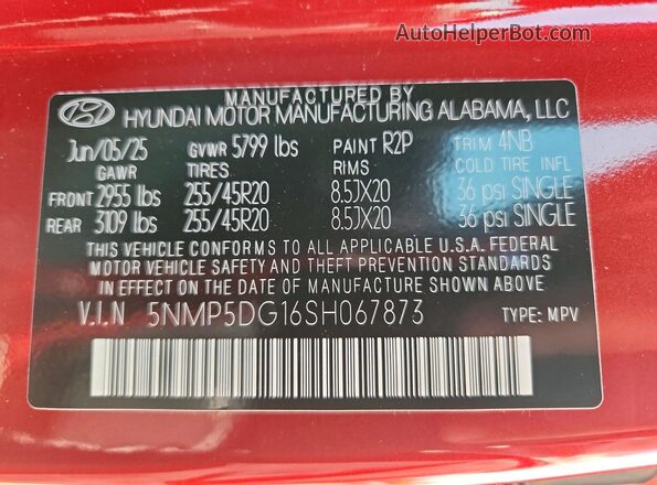 5NMP5DG16SH067873 2025 HYUNDAI SANTA Red ძრავის განყოფილების ხედი