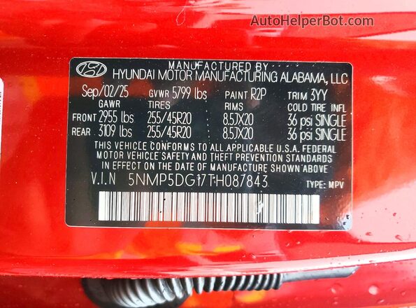 5NMP5DG17TH087843 2026 HYUNDAI SANTA Red Widok wnętrza 360 stopni