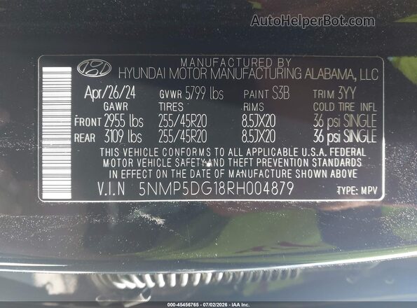 5NMP5DG18RH004879 2024 HYUNDAI SANTA FE HYBRID Black ძრავის განყოფილების ხედი