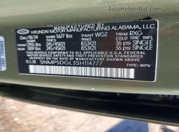 5NMP5DGL3SH114777 2025 HYUNDAI SANTA Green Widok naklejki z numerem VIN
