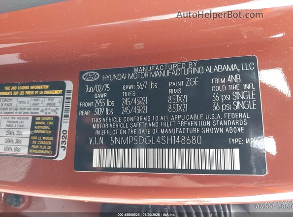 5NMP5DGL4SH148680 2025 HYUNDAI SANTA FE Brown Շարժիչի բաժամունքի տեսք