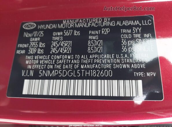 5NMP5DGL5TH182600 2026 HYUNDAI SANTA FE Red Engine compartment view