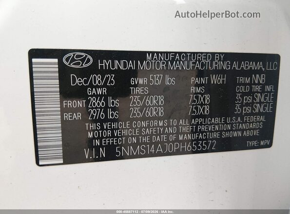 5NMS14AJ0PH653572 2023 HYUNDAI SANTA FE White ძრავის განყოფილების ხედი