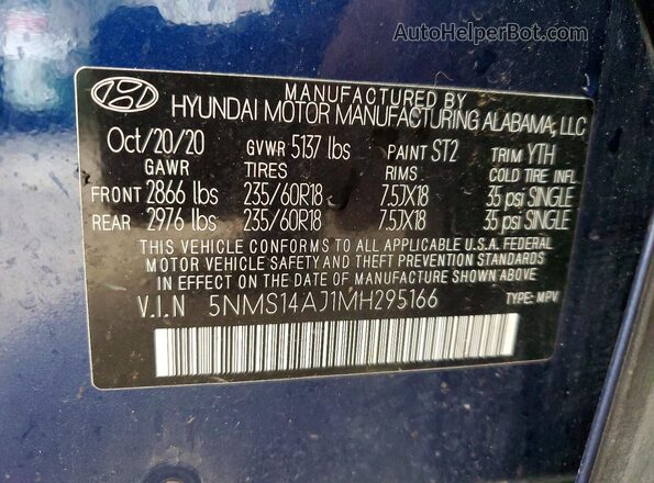 5NMS14AJ1MH295166 2021 HYUNDAI SANTA Синий Вид наклейки с VIN-кодом